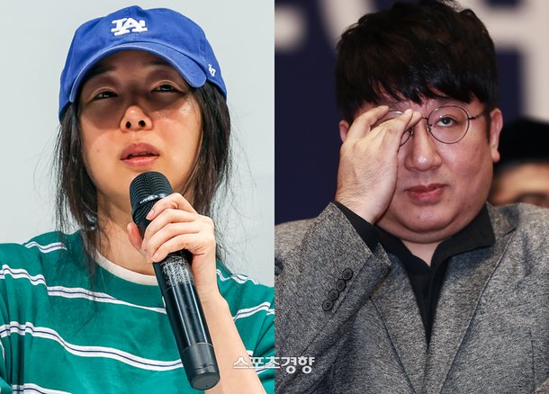 Min Hee-jin, former head of SM Culture & Contents (left) and Bang Si-hyuk, chairman of HYBE. Photo by Kwon Do-hyun and Lee Seon-myeong, reporters