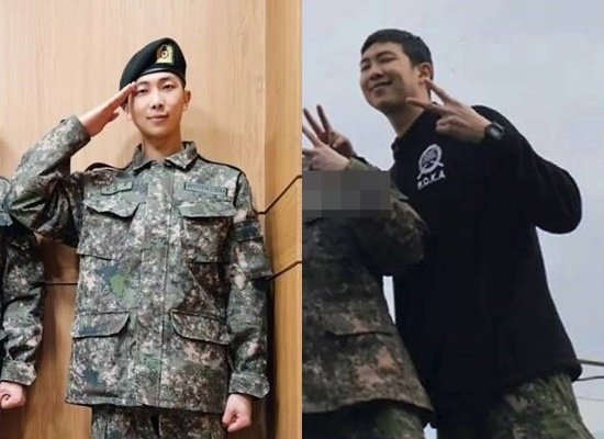 RM, 입대 후 반가운 근황…軍 동기들과 환한 미소 '군악대 적응 완료'