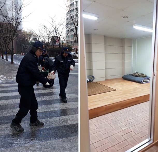 인천 서구 검단대림 e-편한세상아파트 경비원들이 제설작업을 하고 있다(왼쪽 사진). 이 아파트 입주민들은 올해 인상된 최저임금을 반영해 경비원들의 월급을 올려주고, 난방기와 정수기가 비치된 새 휴게실도 마련해줬다.   아파트입주자대표회의 제공