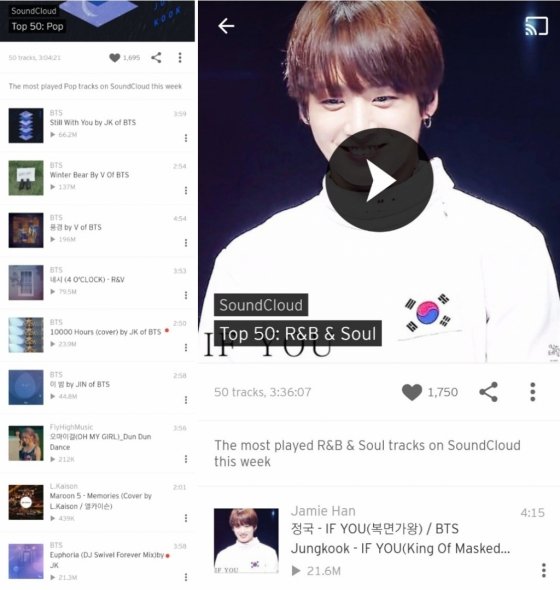 방탄소년단 정국 Still With You 사운드클라우드 톱50 전체 장르 1위 팝 1위 IF YOU 알앤비 소울 1위