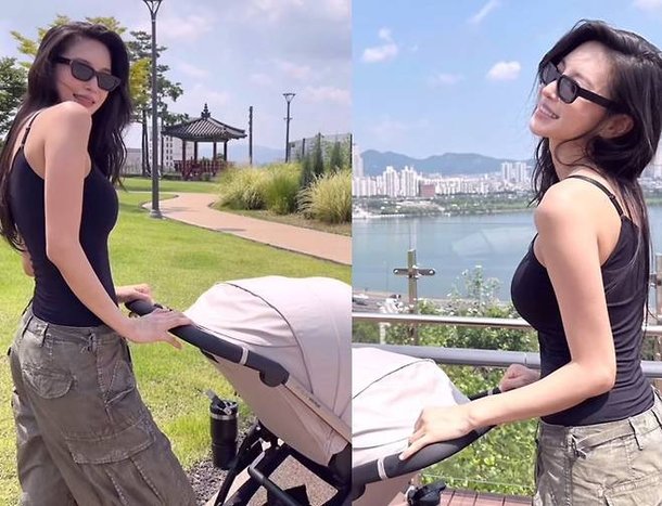 Kim Yoon-ji, These days, moms are different! Wearing sleeveless tops and cargo pants for a hip stroller outing look