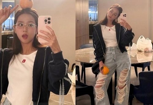 블랙핑크 지수, 70%는 찢어진 데님! &apos;흰티에 청바지&apos; 미모의 청순 코디 일상룩