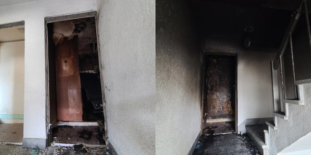 불이 난 세대의 현관문을 닫았을 때왼쪽와 현관문을 열었을 때오른쪽 모습. 실험 결과 화재 세대의 문을 닫을 경우 불길이 외부로 거의 번지지 않았지만 문을 열 경우 불길이 외부로 치솟고 불과 1분 20초 만에 4층까지 연기가 확대됐다. 부산소방재난본부 제공