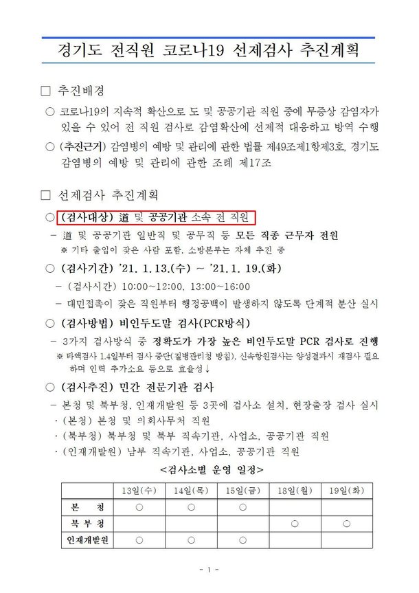 ‘경기도 전직원 코로나19 선제검사 추진계획’ 문건./독자 제공