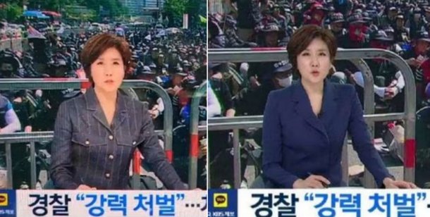 지난 18일 방영된 KBS 뉴스9 보도 화면왼쪽과 이튿날 수정된 화면. 9시 뉴스 진행자인 이소정 앵커의 옷이 다르다. /KBS노동조합