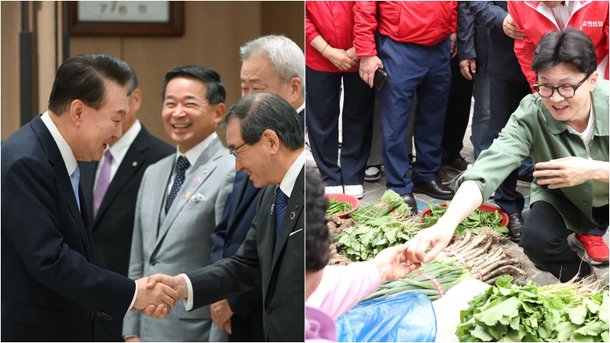 윤석열 대통령이 지난 18일 서울 용산 대통령실에서 제31회 한일재계회의 참석차 방한한 일본 경제단체연합회 도쿠라 마사카즈 회장과 악수하고 있다왼쪽 사진. 같은 날 국민의힘 한동훈 대표는 전남 곡성군 기차마을 전통시장에 방문해 10·16 재·보궐선거 곡성군수 낙선 인사를 하고 있다./대통령실·연합뉴스