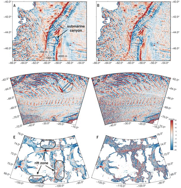 1년간 SWOT 위성이 수집한 데이터로 작성된 남아메리카 대륙붕의 중력지도A와 천저 고도계로 30년간 수집한 중력지도B. 육지는 흰색, 수심을 나타내는 등고선은 희미한 검은색으로 표시된다. 남극 인근 웨들해에서 나타난 직사각형 반복 패턴헤링본 패턴은 해저구릉과 고대의 강 흔적이 확인됐다. 캐나다 북극 군도에 위치한 스베르드럽 분지의 비교E와 F.