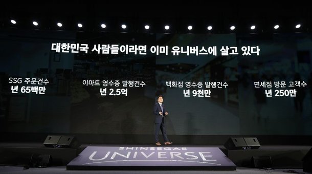 강희석 이마트 대표가 8일 서울 강남구 코엑스에서 열린 신세계 유니버스 페스티벌에서 신세계 유니버스에 대해 설명하고 있다. 신세계그룹 제공.