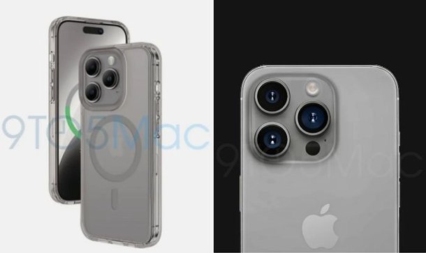 아이폰15 프로의 새로운 컬러 티탄 그레이의 예상 렌더링 이미지왼쪽은 투명 케이스를 입힌 모습. 9to5mac