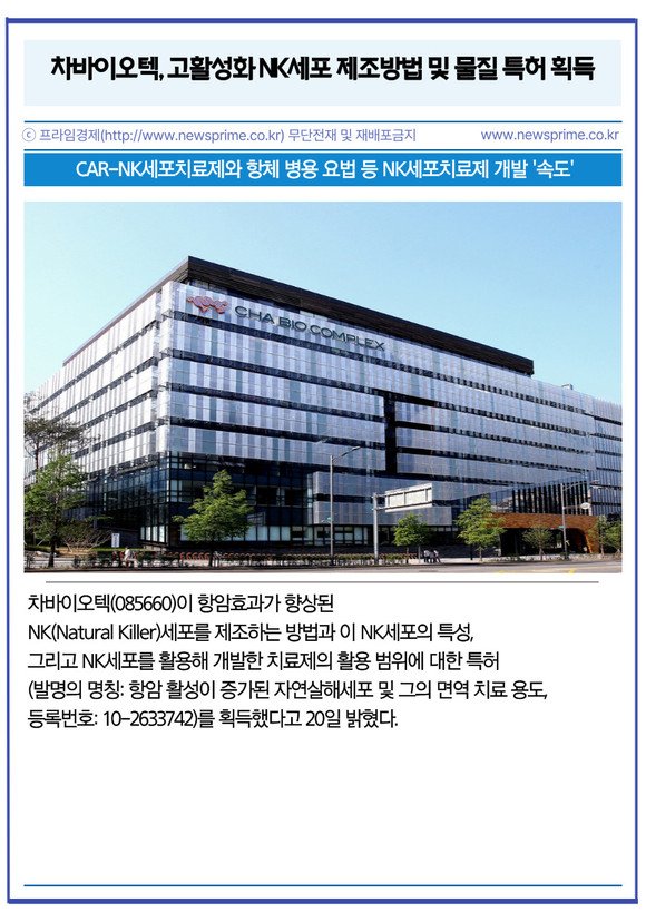 [카드] 차바이오텍, 고활성화 NK세포 제조방법 및 물질 특허 획득