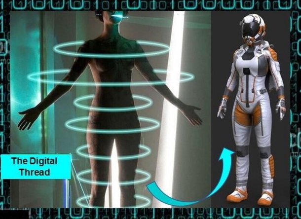 Tecnologia de costura digital que usa tecnologia de impressão digital e 3D para criar trajes espaciais personalizados.  Parafusado