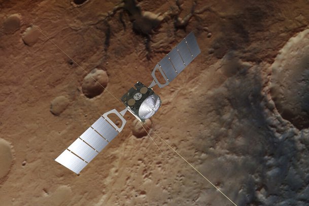 유럽우주국의 화성 궤도선 ‘마스 익스프레스’가 화성 상공을 비행하고 있는 모습상상도. 유럽우주국 제공