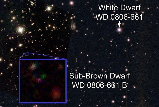 유럽남방천문대ESO의 초거대망원경VLT와 허블우주망원경이 포착한 외계 항성 마루WD 0806-661와 행성 아라WD 0806-661 b. ESO/NASA 제공