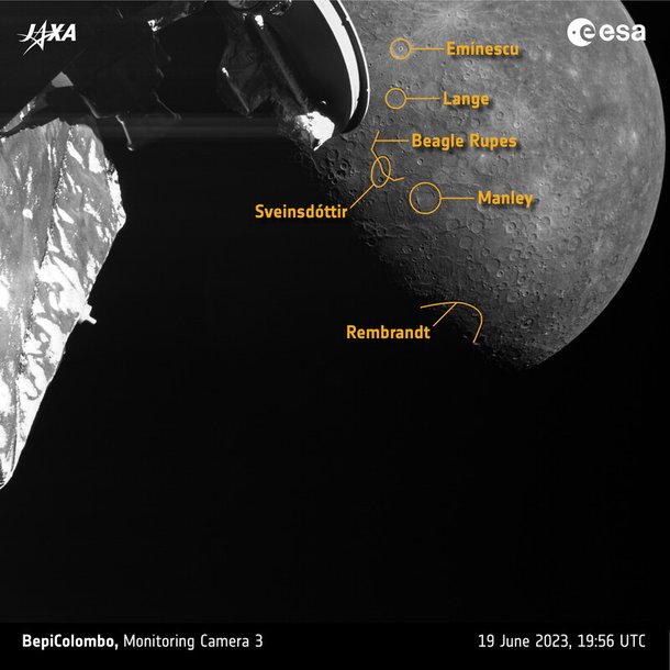 베피콜롬보가 이번 근접비행에서 발견한 충돌구 ‘맨리’Manley의 위치를 표시한 사진. 유럽우주국 제공