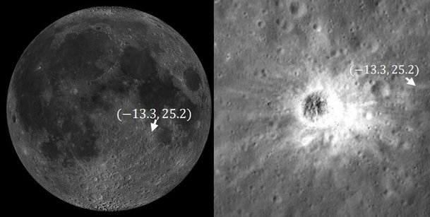 슬림의 착륙 예정 지점인 달 적도 인근 ‘시오리 충돌구’왼쪽 사진 화살표와 오른쪽 사진. 작사 제공