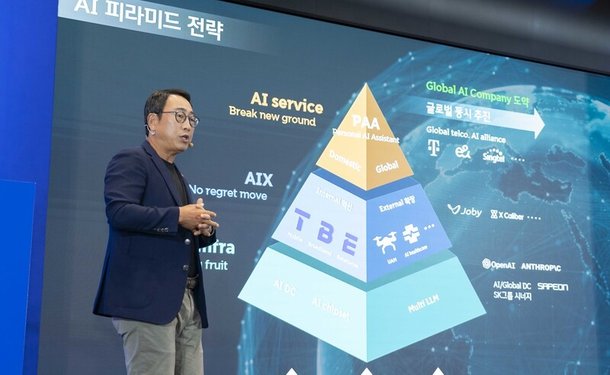 유영상 에스케이텔레콤SKT 대표가 지난달 26일 서울 중구 에스케이텔레콤 본사에서 열린 기자간담회에서 인공지능 사업 전략을 소개하고 있다. 에스케이텔레콤 제공