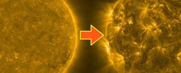 태양 극지 탐사선 솔라오비터의 극자외선 장비로 촬영한 태양 사진. 왼쪽이 2021년 2월, 오른쪽이 2023년 10월의 태양이다. 유럽우주국 제공/Sciencealert에서 인용