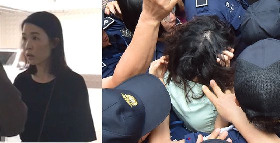 전남편을 살해한 혐의로 기소된 고유정이 1차 공판당시 시민에 의해 머리채를 잡힌 모습. [중앙포토]
