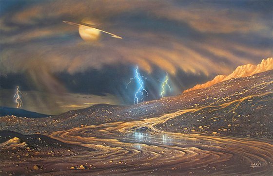 토성의 위성 타이탄에는 메탄의 비가 내리고 강이 흐른다. 타이탄의 모습을 그린 상상도. [사진 NASA]