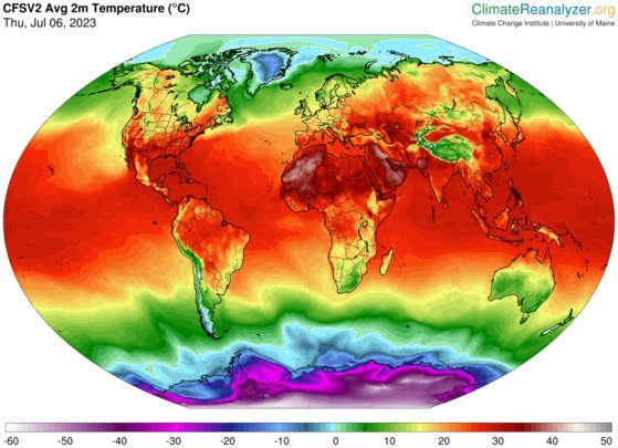 6일현지시각 전지구 지표면 대기 온도. ClimateReanalyzer.org