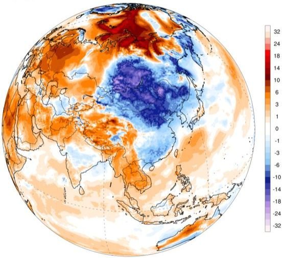 19일 평년 대비 기온 분포 지도. 북극의 한기가 남하하면서 평년보다 기온이 낮은 푸른색 영역이 한반도를 비롯한 동아시아를 점령하고 있다. Climate Reanalyzer 제공