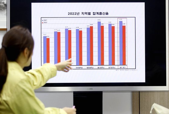 광주 북구청 상황실에서 여성보육과 여성친화저출생팀 직원들이 지역별 출산율을 비교하고 있다. 연합뉴스