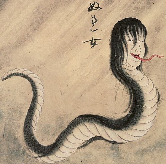일본의 뱀 요괴 누레온나. 에도 시대 일본 화가 사와키 스우시가 그린 백괴도관 삽화. 1737년.