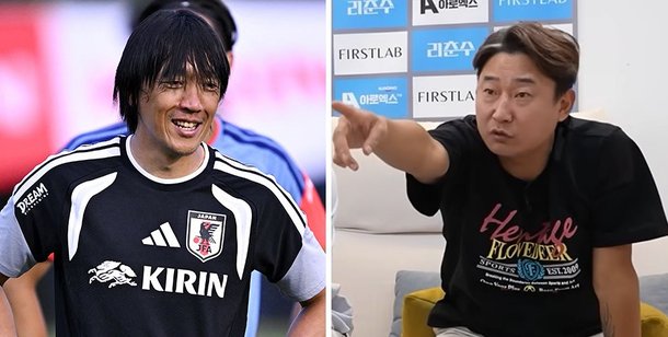 일본 축구대표팀에서 코치로 뛰고 있는 나카무라 ?스케. 일본에는 이와 같이 레전드 출신 다수가 현장 스태프로 함께하고 있다. 후배들에게 조금이라도 노하우를 전수하기 위함이다(왼쪽 사진). 전 국가대표 공격수 이천수처럼 은퇴 선수들이 방송에서 훈수만 두는 한국과는 큰 대비를 이룬다. [로이터=연합뉴스, 사진 이천수 유튜브 캡처]