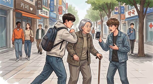 인천 남동경찰서는 고의로 행인과 부딪친 뒤 휴대전화 값을 요구한 10대들을 입건해 조사하고 있다. 사진은 범행 장면을 묘사해 제작한 AI 이미지. 사진 제미나이