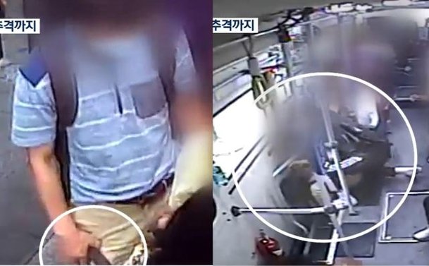 여성을 불법촬영하고 있는 A씨(49)의 모습이 CCTV에 포착됐다(좌). 김씨와 A씨가 달리는 버스 안에서 치열한 몸싸움을 벌이고 있다(우). KBS 캡쳐