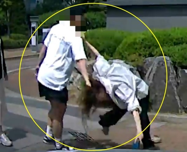 지난 20일 인천 남동구의 한 아파트 주차장에서 전직 보디빌더 남성이 30대 여성의 머리채를 잡고 땅에 쓰러뜨리고 있다. 뉴시스