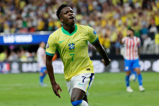 Vinicius, do Brasil, marcou um gol na partida da Copa América contra o Paraguai, no dia 28 do mês passado. Getty Images Coreia