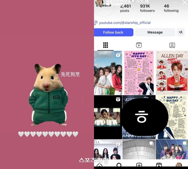 우주소녀 다영이 올린 스타쉽엔터테인먼트 공계 캡처본(오른쪽)과 토사구팽 게시물. 본인 인스타그램 계정