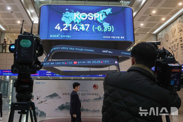 한국거래소 전광판과 증시 종가 화면