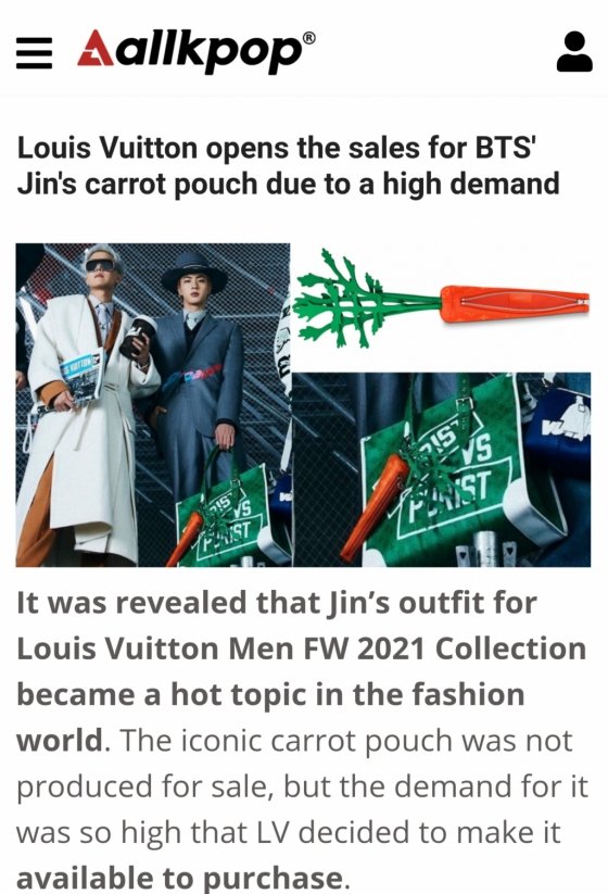 Louis Vuitton opens the sales for BTS' Jin's carrot pouch due to a high  demand