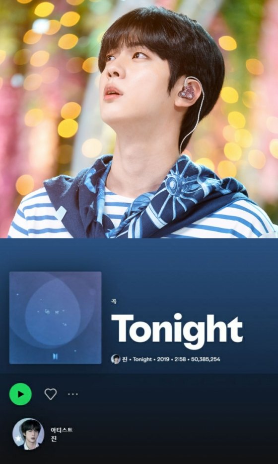 BTS Jin's first self-composed song 'Tonight' surpasses 50 million on Spotify