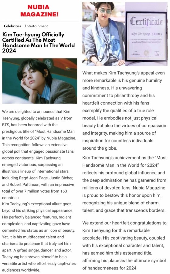 방탄소년단 뷔, '2024년 전 세계에서 가장 잘생긴 남자'…英 매체 ..., حجم الصورة 560x901