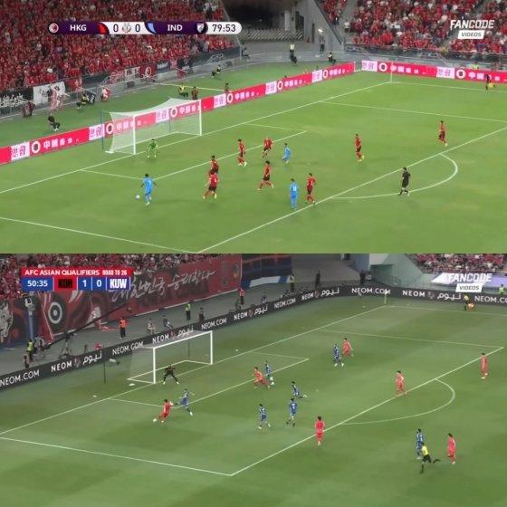 지난 10일 인도와 홍콩의 2027 아시아축구연맹(AFC) 아시안컵 3차 예선 C조 2차전 경기 중 나온 인도 리스톤 콜라코의 슈팅 장면(위)과 2026 국제축구연맹(FIFA) 북중미 월드컵 아시아 3차 예선 C조 최종전 쿠웨이트전에서 나온 이강인의 슈팅 장면(아래). /사진=IFTWC SNS 캡처