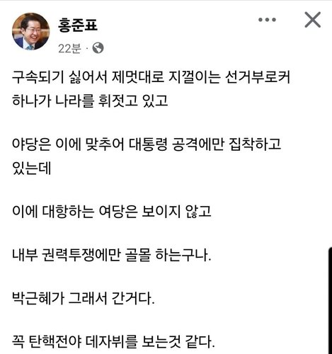 홍준표 quot;탄핵전야 데자뷔 보는 것 같아…대항하는 여당 안 보여quot;